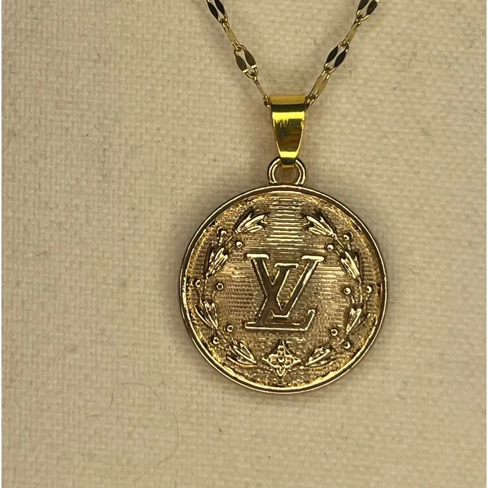 Gold Vintage LV Stamped Upcycled Charm Pendant Necklace - Picture 5 of 9